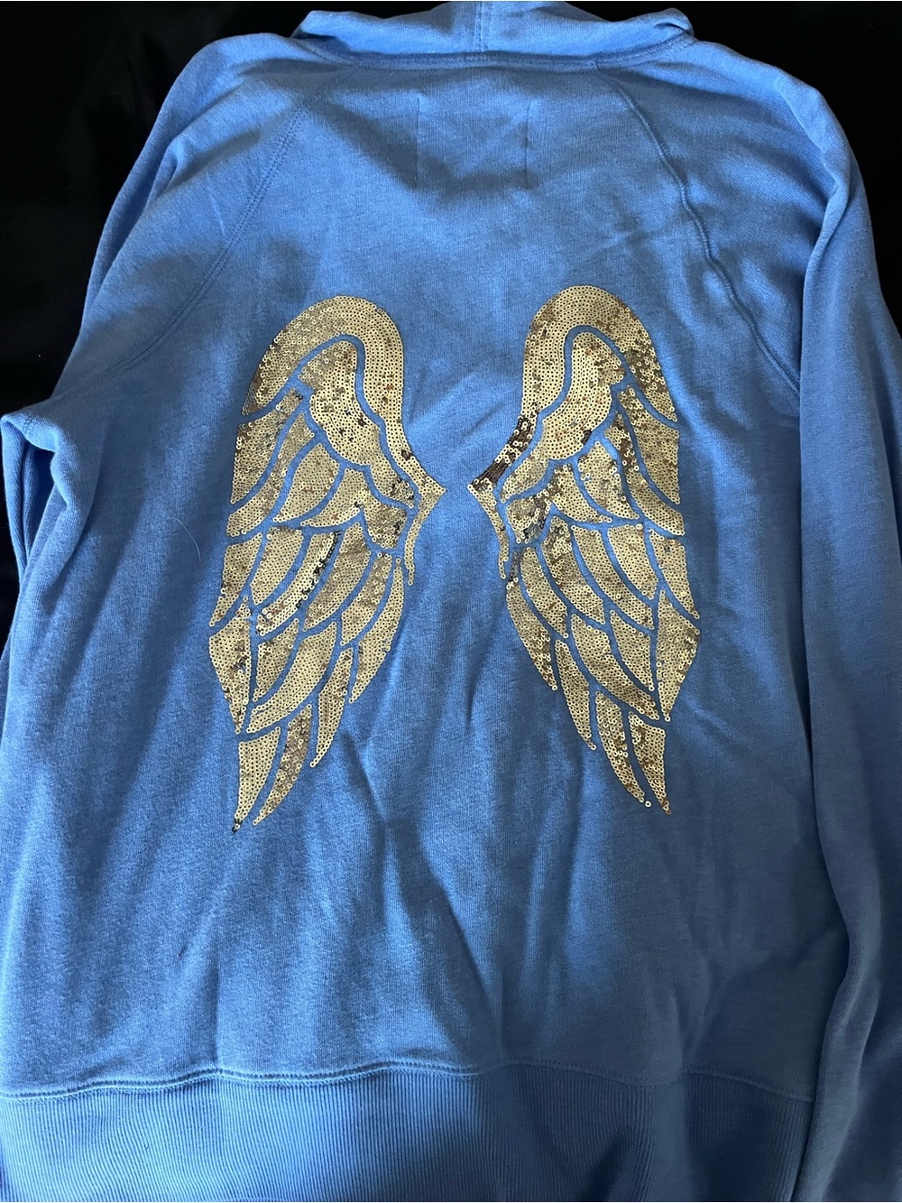 Victoria's Secret Blue Hoodie with Gold Sequin Angel Wings